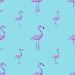Cartoon childish style seamless pattern with pastel purple flamingo print. Blue background. Zoo backdrop.