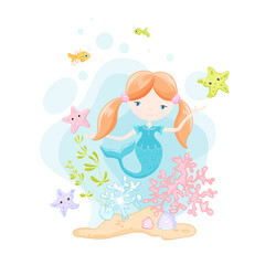 Cute little red hair mermaid and star fishes vector colorful clip art on white background
