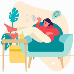 A young girl is resting in a chair with her feet on the table, the girl is bored, the girl is thinking and throws a crumpled piece of paper, a note