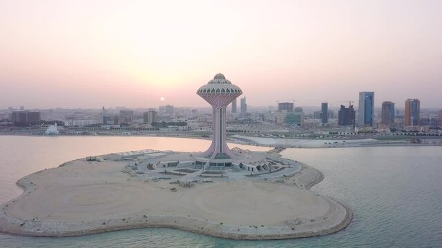 Aerial view of Khobar water tower during sunset, Saudi Arabia.