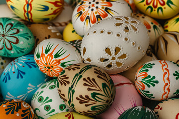 Happy Easter.Colorful hand painted decorated Easter eggs. Handmade Easter craft.Spring decoration background. DIY Festive traditional symbols.Holiday Still life photo selective focus