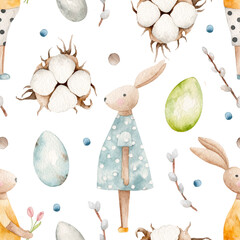 Easter watercolor pattern with bunnies and eggs