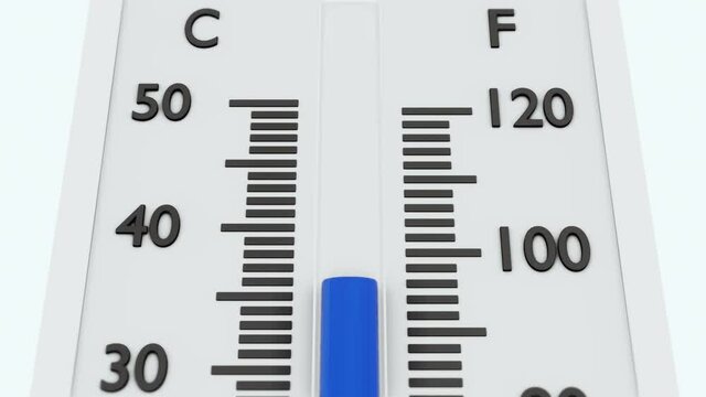 Animation of falling temperature on a white thermometer. 
Blue mercury in the thermometer lowers as the temperature drops.