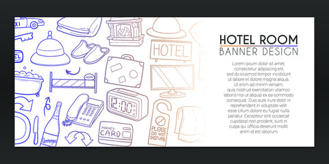 Hotel Doodles Banner. Room Background Hand drawn. Guest Vacations Icons illustration. Vector Horizontal Design.