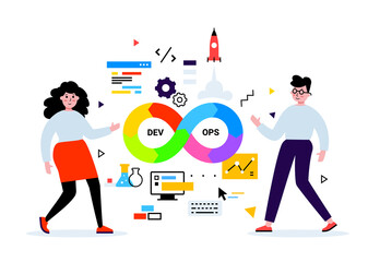 Vector stratup business illustration of people and technology service, communication team work with loop infinity