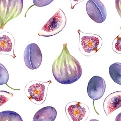 Watercolor seamless pattern with figs and plums