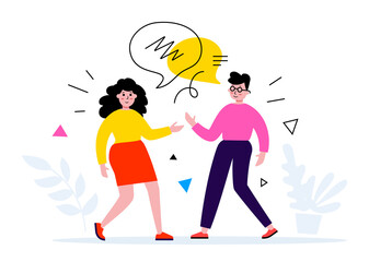 Vector business illustration of people communication, man and woman with speech bubble
