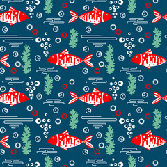 Seamless pattern. Marine underwater lifestyle. Red fish, coral. Underwater aquarium habitat with sea plants. Endless background, texture, textile, pattern.  Flat vector drawn illustration