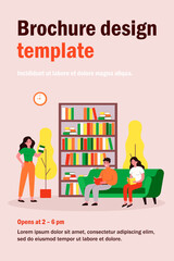 People in library flat vector illustration. Cartoon woman and man sitting on sofa, studying bookshelves and reading with books. Learning and knowledge concept