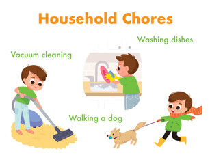 Household chores for kids concept, card. Boy vacuuming, cleaning floor with vacuum cleaner. Boy cleaning washing dishes. Girl walking dog. Children doing domestic duties, household work, homemaking