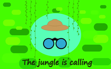 Binoculars and archaeologist's hat, jungles and vines