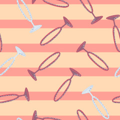 Seamless doodle pattern with purple and blue colored circus ring print. Pink striped pastel background.