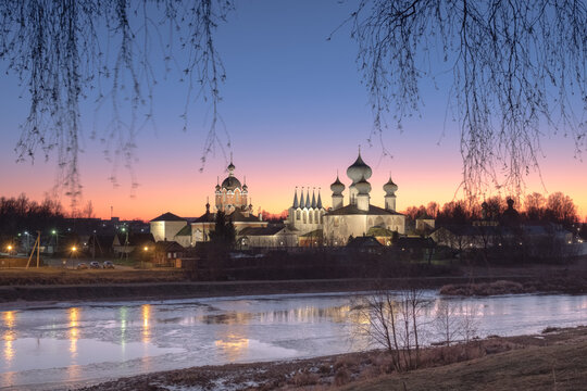 Tikhvin assumtion monastery. Russian Orthodox monastery founded in 1560. Evening beautiful landscape with a lighted monastery. Tikhvin, Leningrad region, Russia
