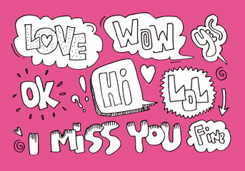 Handdrawn arrows, borders set with handwritten text:love,wow,yes,ok,hi,lol,i miss you,fine. Vector icon.
