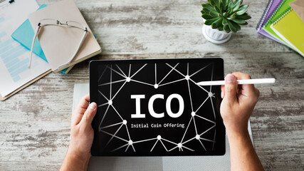 ICO - Initial coin offering. Blockchain and financial technology concept.