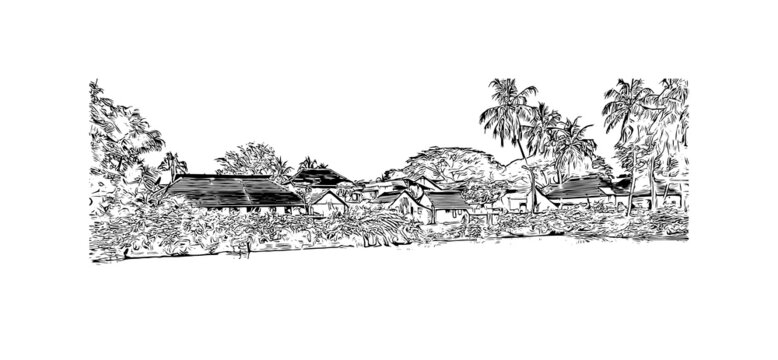 Building view with landmark of South India is the
region in India. Hand drawn sketch illustration in vector.
