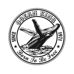 Vintage round emblem with whale in ocean. Engraving design elements with whale swimming in seawater and text. Nature or wildlife concept for travel agency stamp, label, sign template