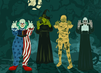 Monsters set Halloween 4 monsters, witch, clown, nun, mummy fog, trees, full moon vector illustration (set 2/2)