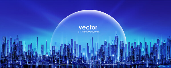 Urban vector cityscape at night. Skyline city silhouettes. City background with architecture, skyscrapers, megapolis, buildings, downtown. - 412930975