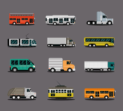 various types of vehicles, car, truck, van, bus, truck and trailer, side view