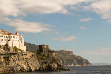 Fototapeta na wymiar Panoramic view of the city and sea on the sunny day. Amalfi. Italy.