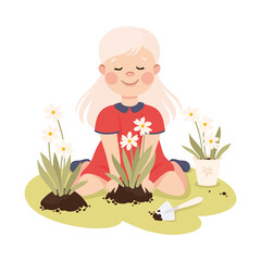 Adorable Girl Planting Flowers, Save the World, Ecology Concept Cartoon Vector Illustration