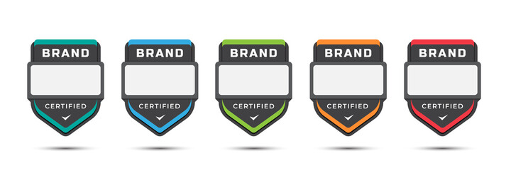 Certified logo badge for company brand, gaming levels, corporate license, training criteria, with shield label design. Vector illustration colorful icon template. © Ahmad