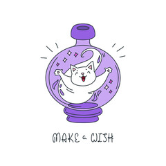 Obraz premium Make a Wish. Illustration of a cute white cat sitting in the magic bottle isolated on a white background. Vector 10 EPS.
