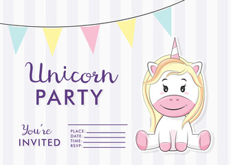 Unicorn party invitation card. Baby cute cartoon unicorn girl