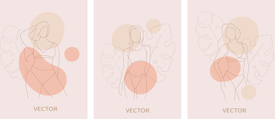 Vector set of women in line art style with abstract shapes and tropical leaves
