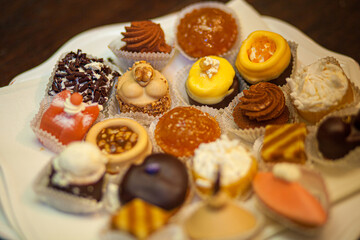 Different sort of beautiful pastry, small colorful sweet cakes on a plate. High quality photo