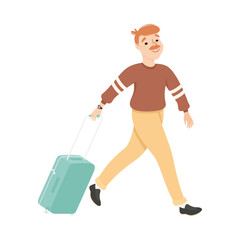 Guy Hurrying to Flight at Airport, Young Man Carrying Luggage, Male Tourist Going on Summer Vacation Cartoon Vector Illustration