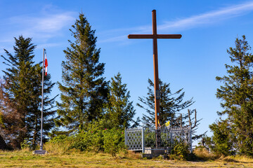 Memorial cross on top of Leskowiec peak in Little Beskids mountains near Andrychow in Lesser Poland