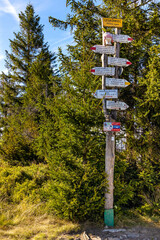 Touristic mountain path travel guide on top of Leskowiec peak in Little Beskids mountains near Andrychow in Lesser Poland © Art Media Factory