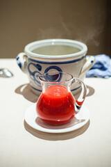 raspberry sorbet ice cream on white table, shallow focus. High quality photo