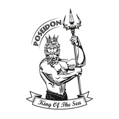 Poseidon emblem template. Monochrome element with god of sea in crown, trident vector illustration with text. Sailing or Greek mythology concept for symbols and labels templates