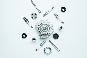 automotive parts. Set of new metal car part. Auto motor mechanic spare or automotive piece isolated on white background. Technology of mechanical gear with space for text.