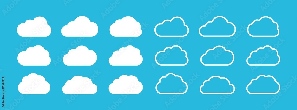 Poster Set of cloud icons in flat and line style. Concept design elements. Vector cloud symbols collection for use as logo or simple icon.