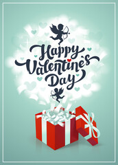Happy Valentine s day greeting card - love day vector card or poster with red gift box and cupids in the clouds. Vector illustration.