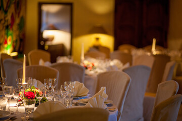 The Wedding Decor Rustic Style. Table Decoration Setting with Flowers. High quality photo