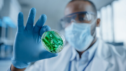 Black Male Scientist Wearing Face Mask and Glasses Looking at Petri Dish with Genetically Modified...