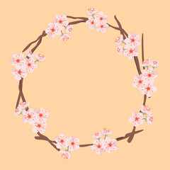 Obraz na płótnie Canvas Cherry blossom branches frame. Flowers isolated on a pink background