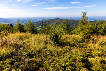 Panoramic view of northern Beskidy mountains with Gancarz peak seen from Leskowiec peak in Little Beskids mountains near Andrychow in Lesser Poland © Art Media Factory