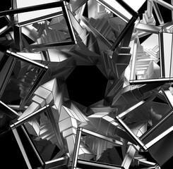 3d render of abstract black and white monochrome art with part of surreal cubical fractal symmetry sun flower symbol with metal wire fractal
structure and light aluminum elements