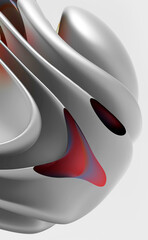 Fototapeta premium 3d render of abstract art 3d background of surreal ball in organic curve round wavy biological forms in matte grey metal grey aluminum with striped glass parts in blue and red gradient color 