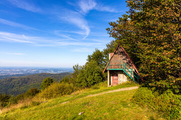 Panoramic view of eastern Beskidy mountains from Gron Jana Pawla II - John Paul II peak in Little Beskids mountains near Andrychow in Lesser Poland © Art Media Factory