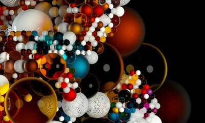 3d render of abstract art 3d background with part of surreal cube or box based on small and big  balls or spheres in plastic glass and gold metal material in blue yellow and red color as mosaic game