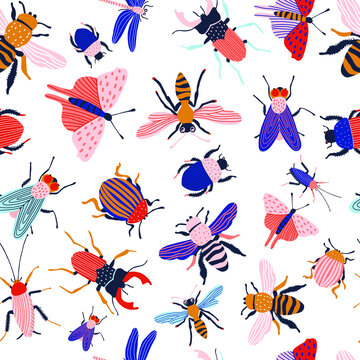 Funny insects. Seamless pattern with spring and summer insects. Hand drawing illustration. Bug species and exotic beetles icons collection.