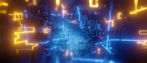 colorful circuit and data glowing, circuitry design or information super highway. High speed tech hardware. 3D render