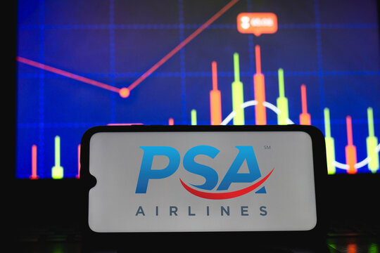 February 11, 2021, Brazil. In this photo illustration the PSA Airlines logo seen displayed on a smartphone screen.
